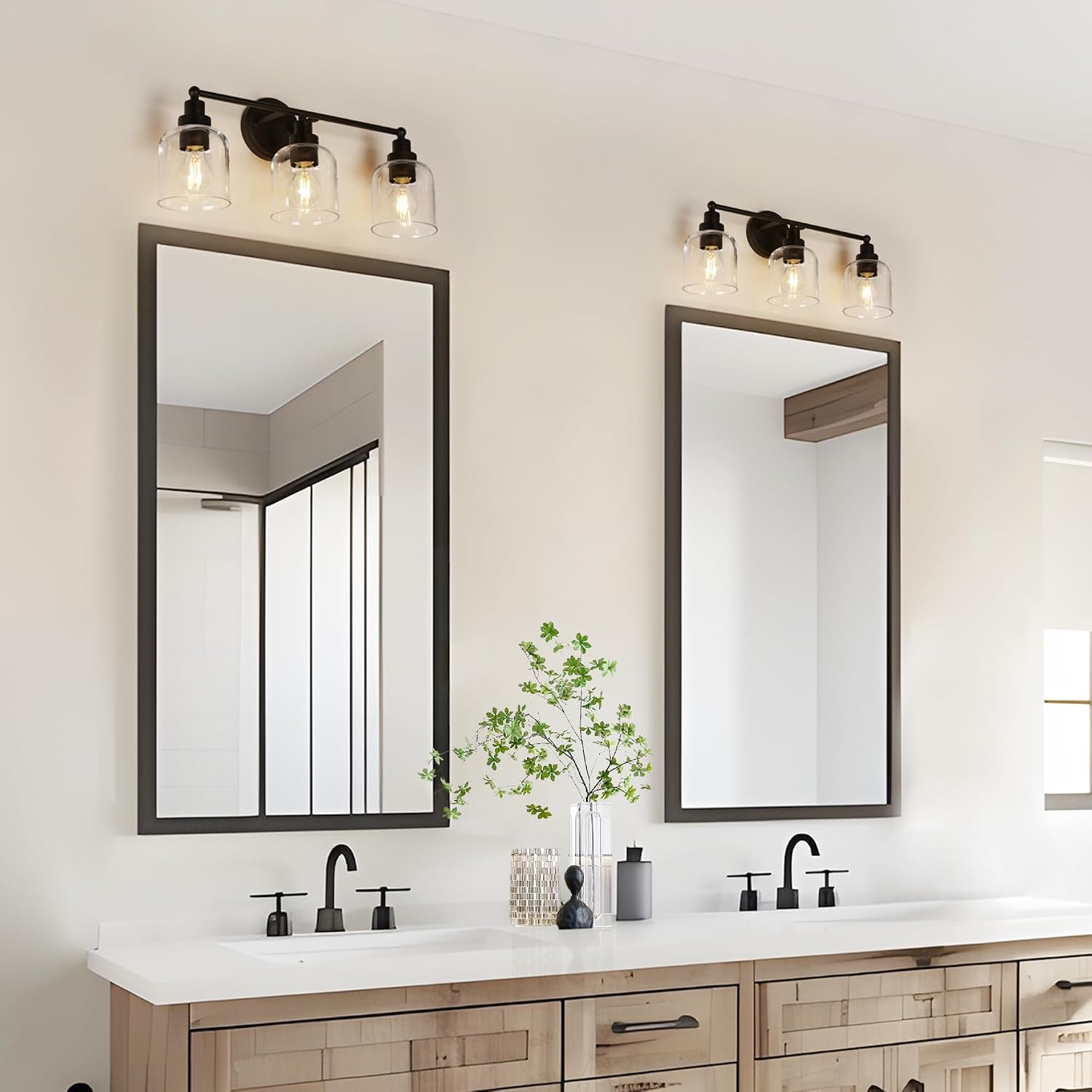KSANA Modern Bathroom Vanity Lights, 3-Light Vanity Light Over Mirror Farmhouse 22" Black Bathroom Light Fixtures with Clear Glass Shade for Bedroom, Hallway, and Entryway