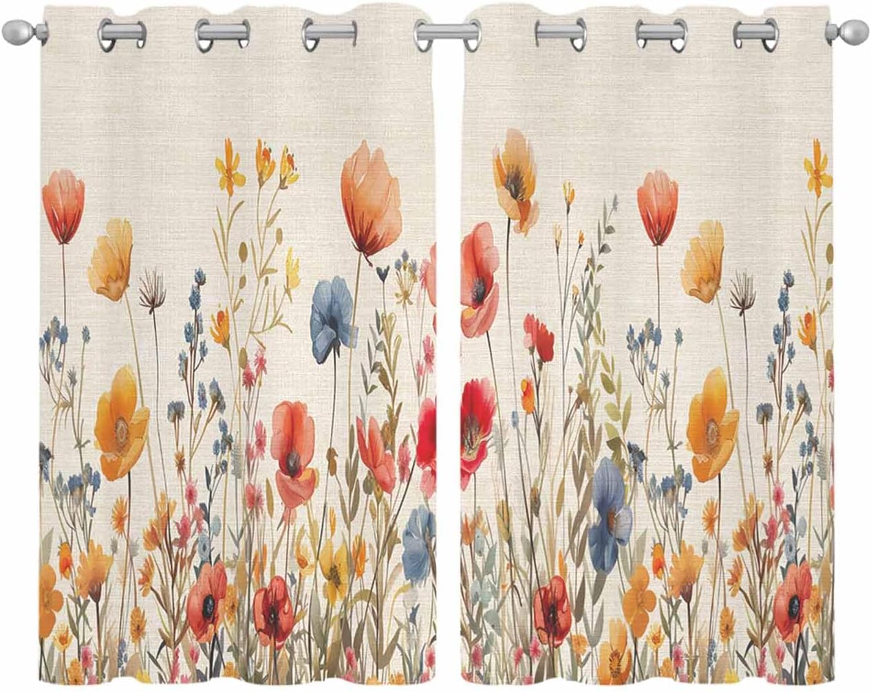 Wildflowers Rustic Sheer Curtains 45 Inch Length 2 Panels Set, Grommet Kitchen Curtains Sheer Window Curtain for Living Room Bedroom Light & Airy Privacy Drapes Spring Floral Daisy Summer