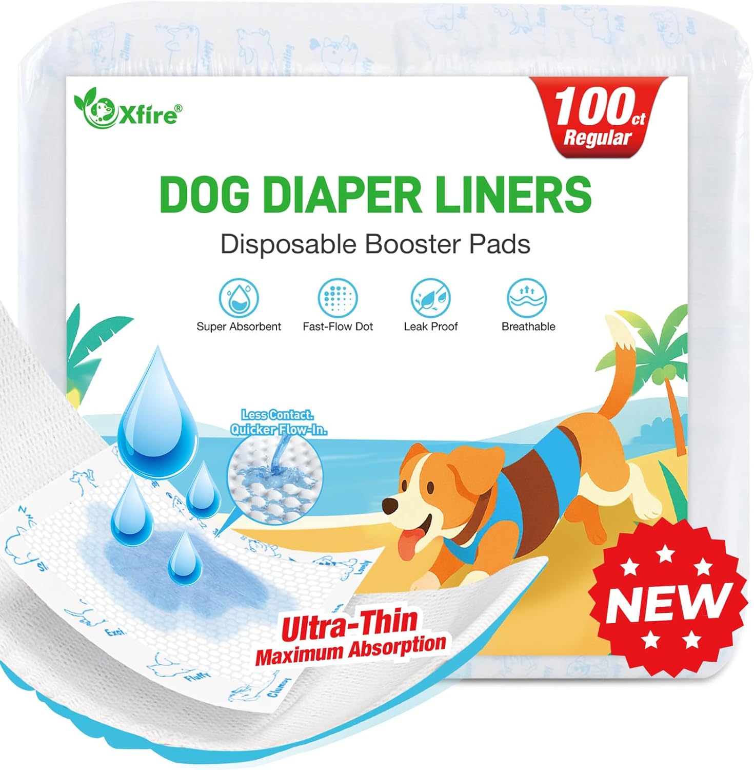 Dog Diaper Liners 100ct, Upgraded Ultra-Thin & Super Absorbent Dog Diapers Booster Pads for Male and Female Dogs, Disposable Doggy Diapers Inserts for Dog Belly Bands Wraps Period Panties (Regular)