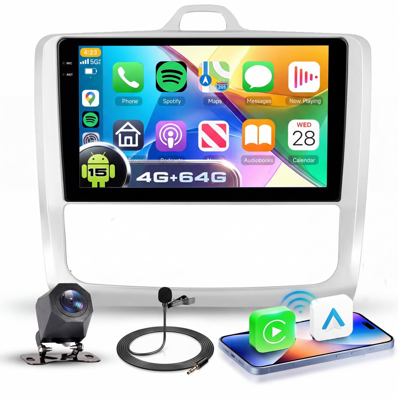 VECHTEL 4G+64G Android 15 Radio de Coche para Ford Focus Mk2 II 2 2004-2011, 9 Pulgadas Incell HD de Pantalla Táctil con Carplay Android Auto Inalámbrico GPS Wi-Fi USB Bluetooth FM RDS Cámara Trasera