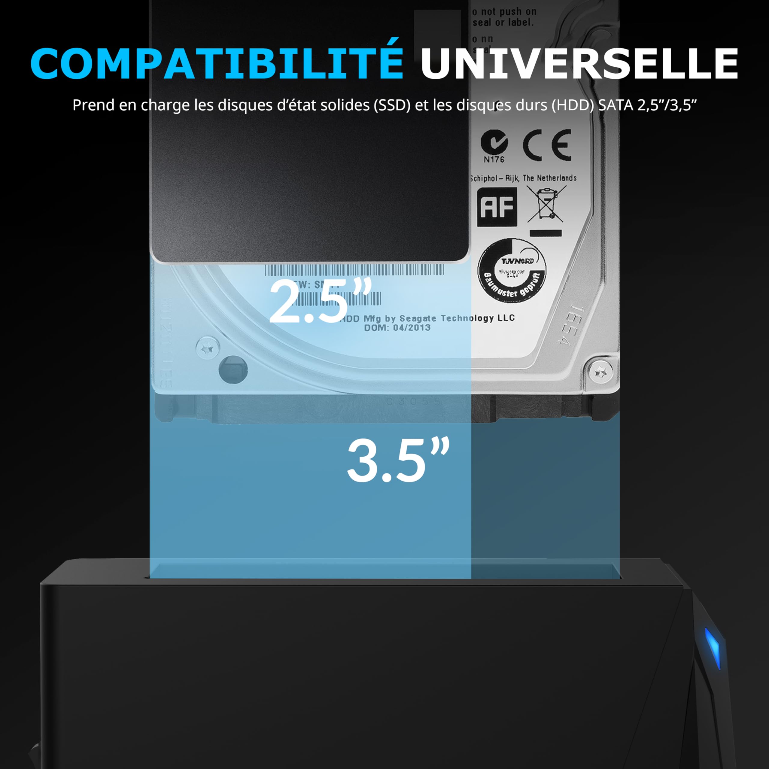 SABRENT Boitier Disque Dur 3.5, Ultra-Rapide 10Gbps Adaptateur SATA to USB 2,5"/3,5", Boitier Disque Dur 2.5 SSD/HDD vers USB-C 3.2, Dock Échangeable à Chaud, Supporte Les Disques 20 to (DS-UC1B)