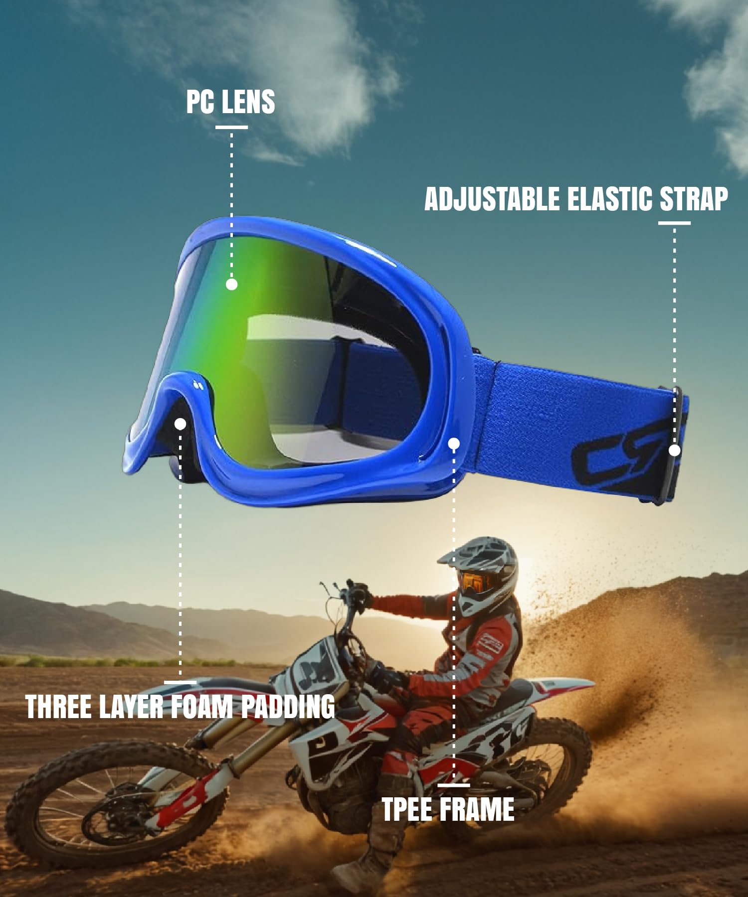 CRG Sports Motocross ATV Dirt Bike Off road racing gafas azul T815 – 3-3 T815 – 3-3 – Parent Multi-color lens blue frame