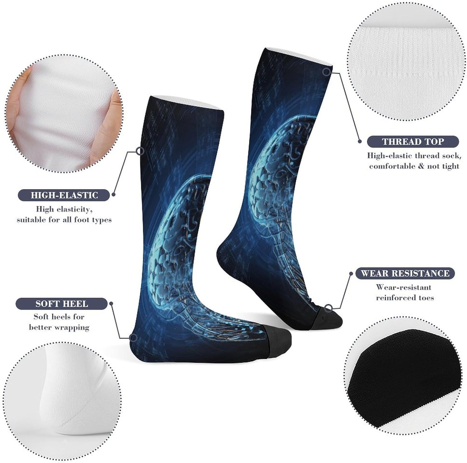 Artificial Intelligence Brain Compression Sock Circulation Support Socks Lightweight Knee High Tube Sock Over-The-Calf Sock for Adult