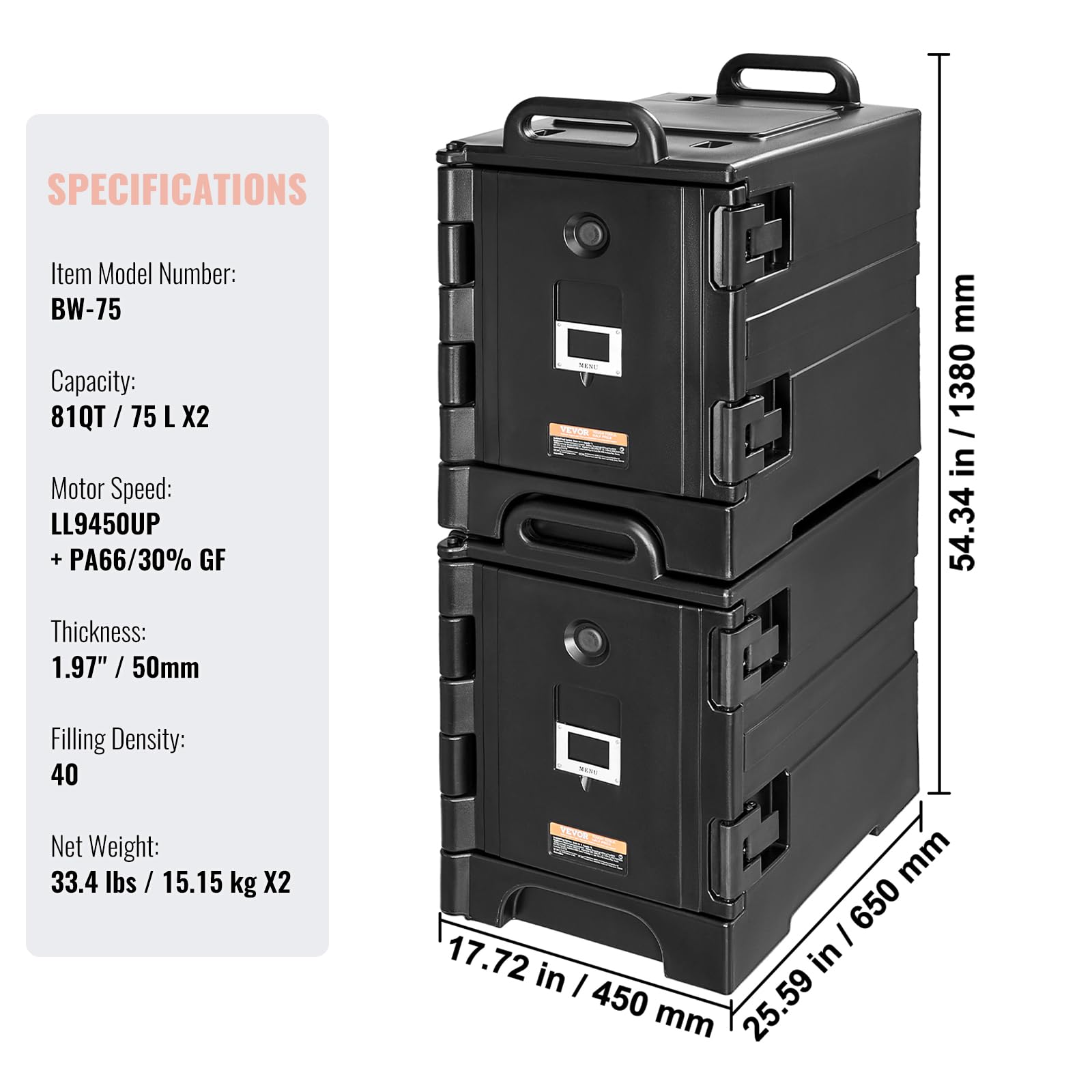 VEVOR Caja Térmica para Alimentos con Hebillas Dobles, 75 L x 2, para Catering, Calentador de Alimentos de Carga Frontal con Asas, Cargador Apilable para Restaurantes y Cantinas, 650 x 450 x 690 mm