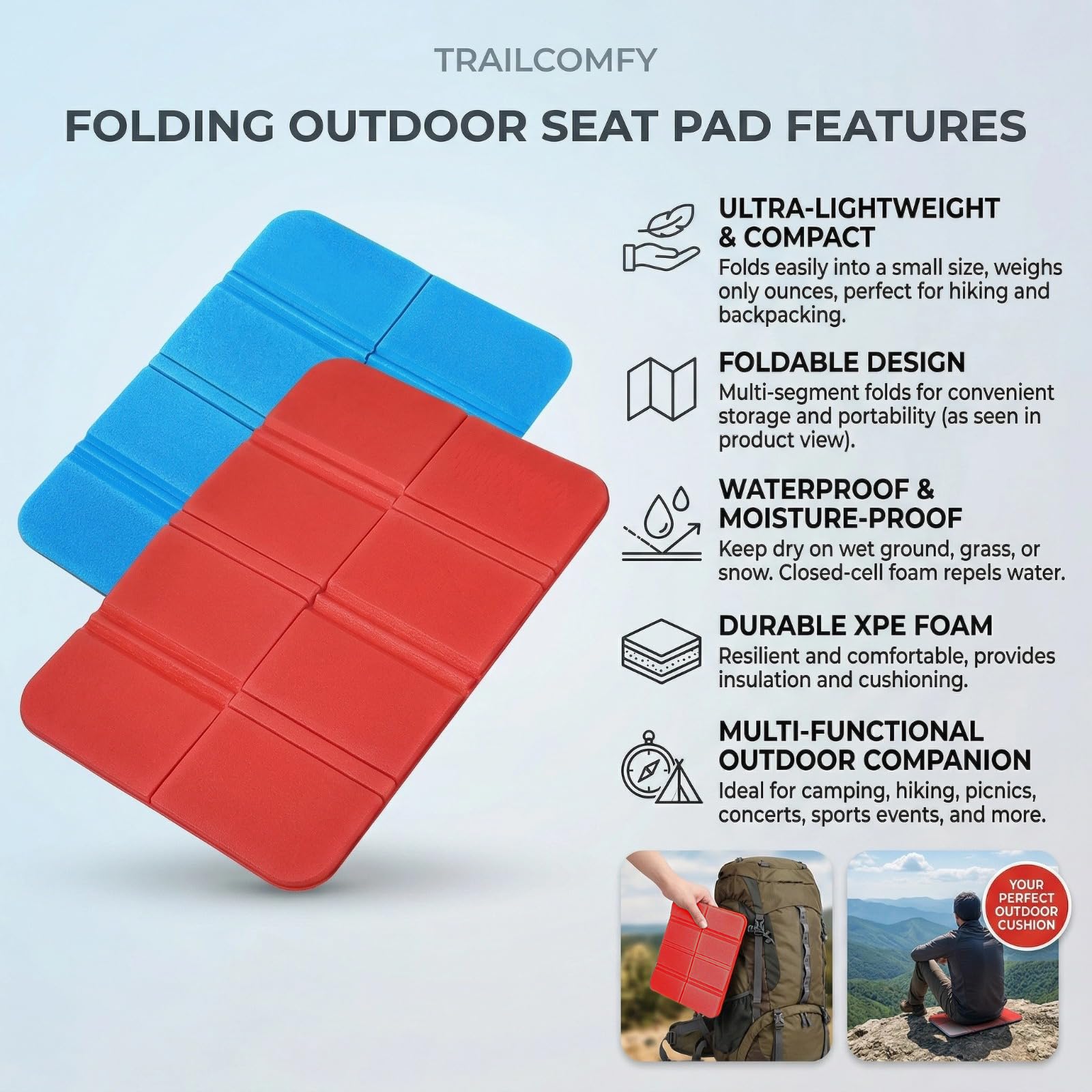 2 pezzi Cuscini da seduta pieghevoli da esterno, impermeabili e portatili, in tessuto Oxford, cuscini da esterno impermeabili per campeggio, picnic, escursioni, stadio (36x32 cm) (Blu + Rosso)