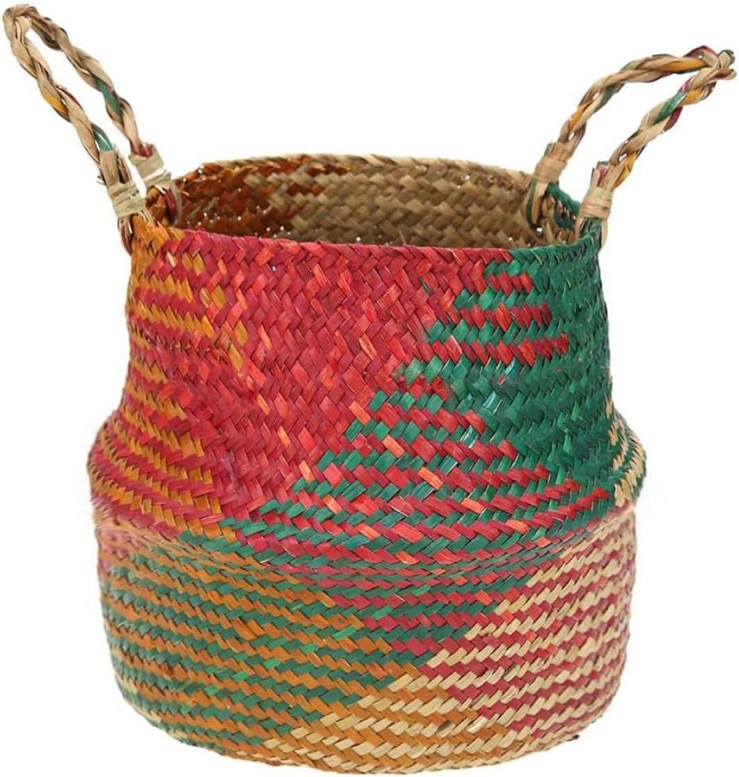 Seagrass Plant Basket, Seagrass Belly Storage Basket with Handles Woven Foldable Storage Pot Plant Basin Cover for Laundry Groceries Picnic Beach Bag (S), Seagrass Storage Basket