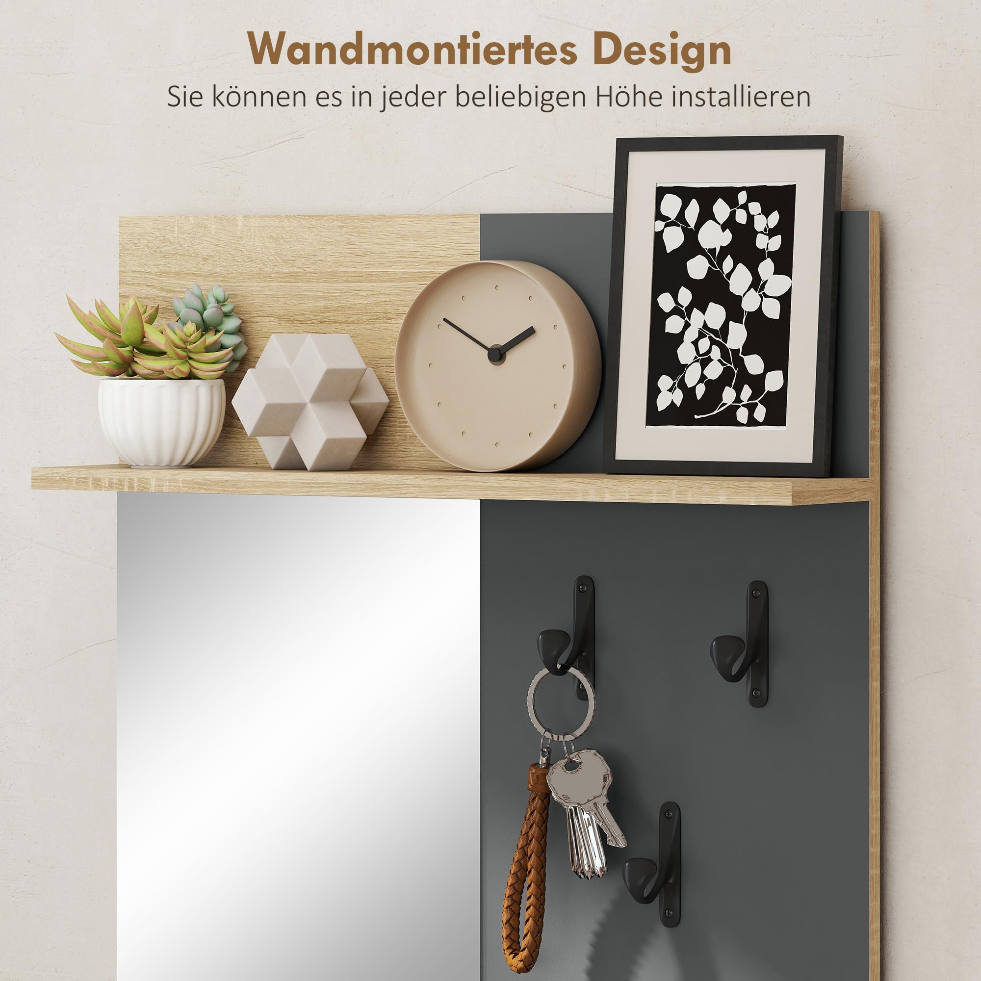HOMCOM Garderobe Set, Garderobe mit Spiegel, Haken, Schuhbank, Ablage, Garderobenständer, Garderobenset, Flurgarderobe mit Klappschublade, für den Flur, 60 x 13,5 x 127,5 cm, Naturholz
