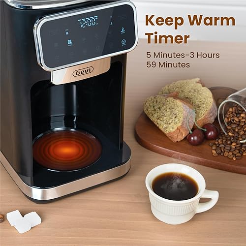 Miniatura 7 de Gevi Cafetera de goteo programable de 12 tazas con pantalla táctil, preparación rápida y fuerte, apagado automático, plato de 4 horas para mantener