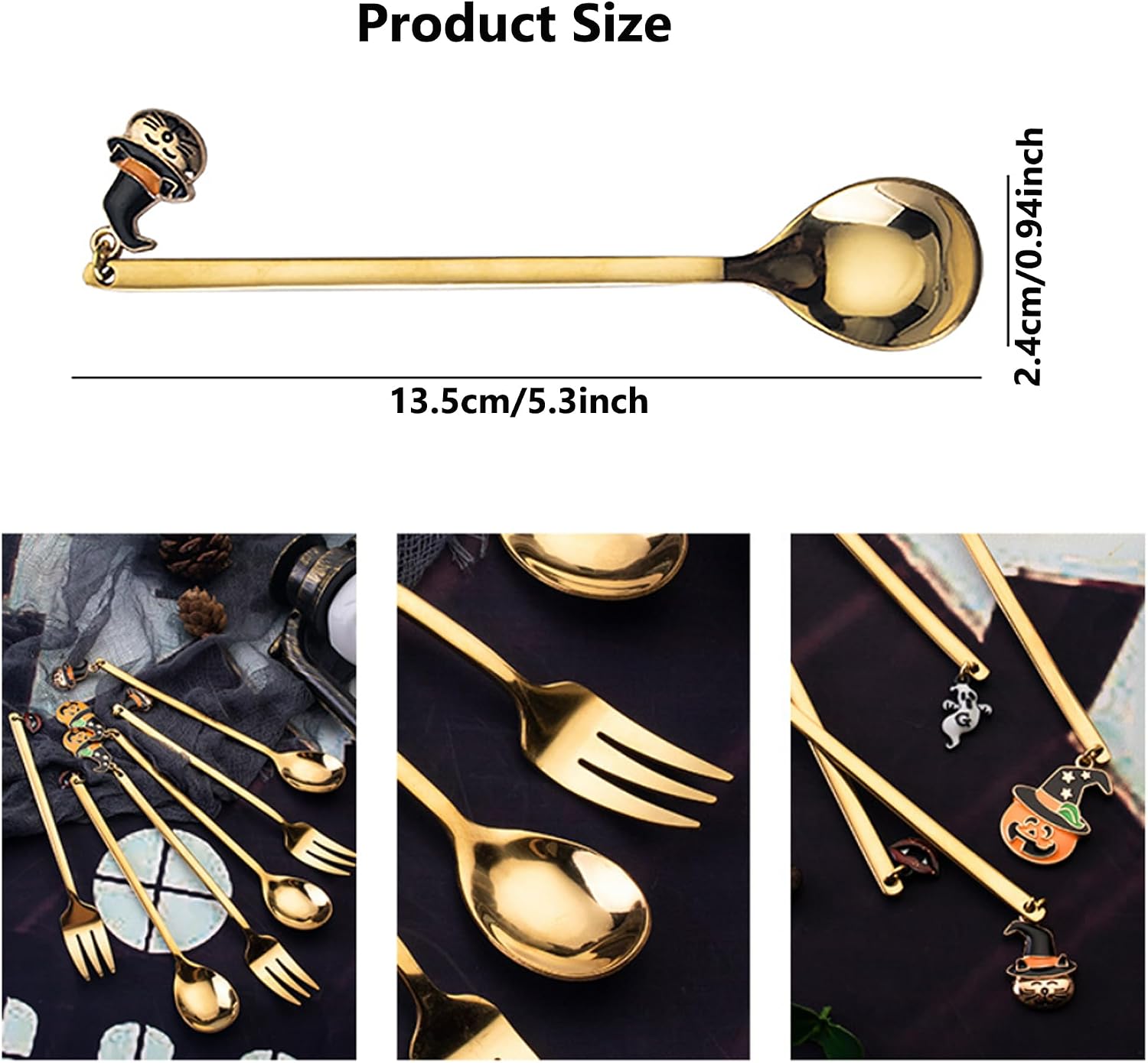 6Pcs Halloween Coffee Spoons, Stainless Steel Pumpkin Bat Pendant, Spooky Dessert Teaspoon Tea for PartyTable Decoration Espresso Stirring for Halloween Party Kitchen Mixing, Sugar (spoon)