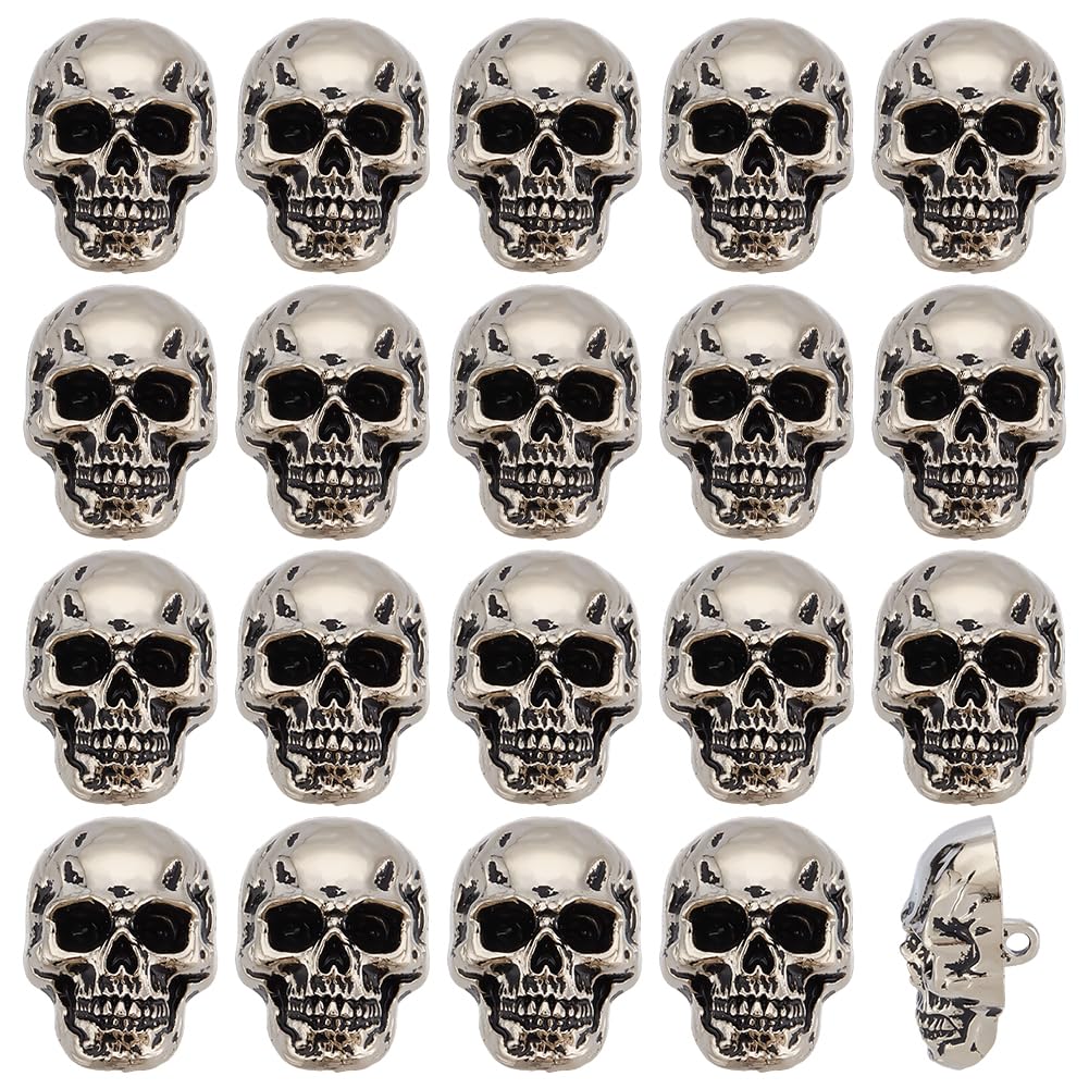 PH PandaHall 20pz Bottone A Forma di Teschio Bottone con Gambo A Forma di Scheletro Bottoni In Lega Bottoni Da Cucire per Abbigliamento Borse Cappelli Spille Artigianato, Argento Antico