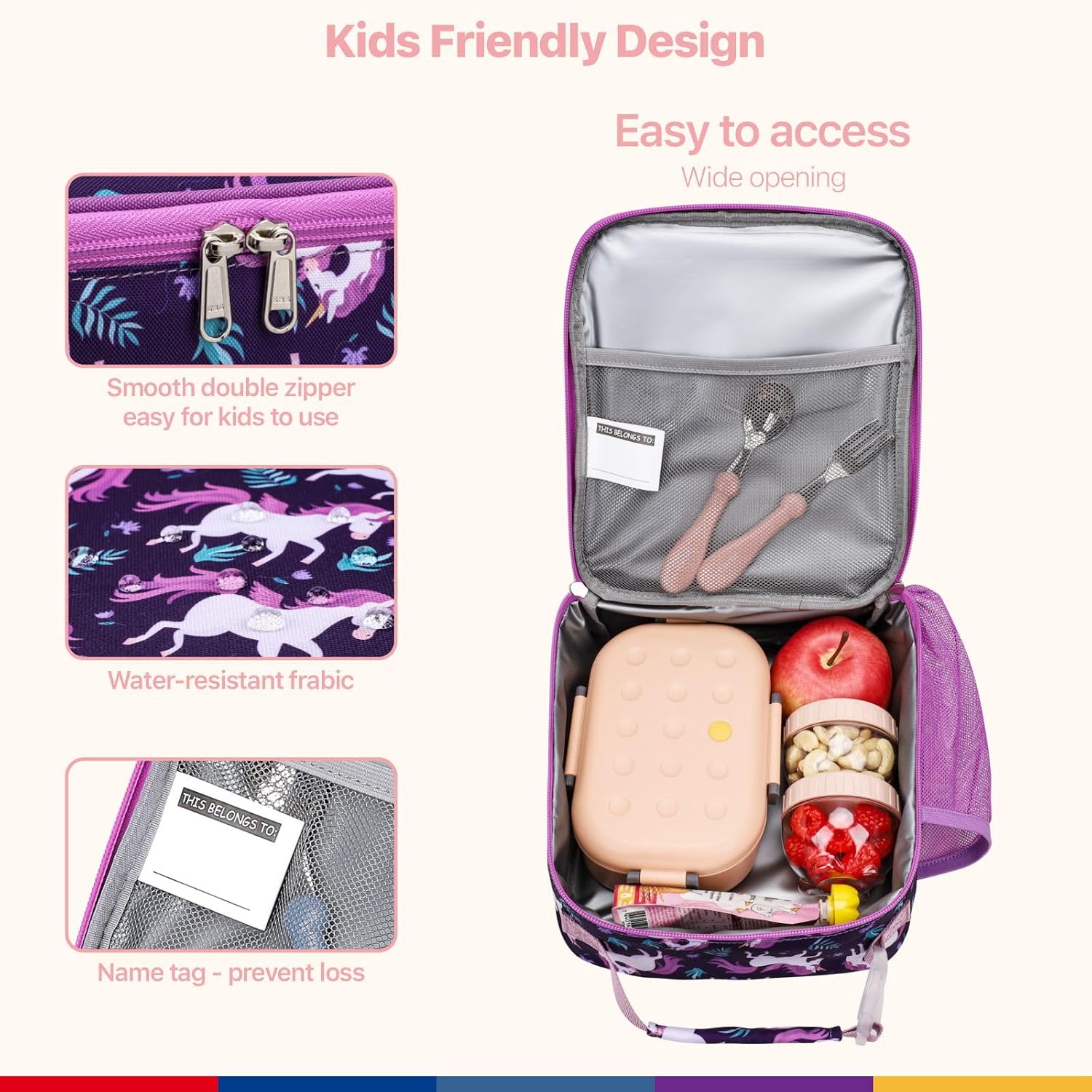 Bagseri Lunch Bag for Kids and Kids Pencil Case Bundle, Insulated Lunch Bag for Girls and Expandable Pencil Case for Girls, Deep Purple Unicorn