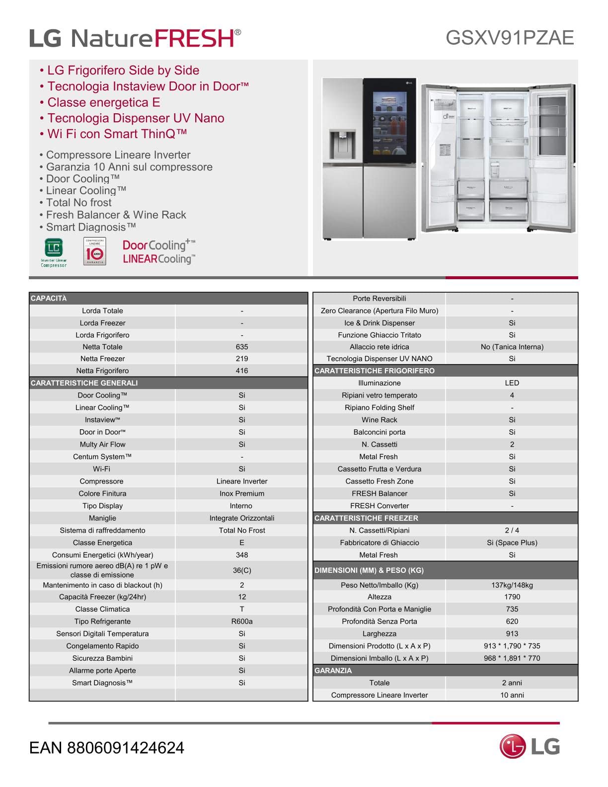 LG GSXV91PZAE - Frigorífico Americano Side by Side InstaView Total No Frost con congelador, 635 L, dispensador de agua y hielo UV Nano, refrigerador lineal, refrigerador inteligente con Wi-Fi y