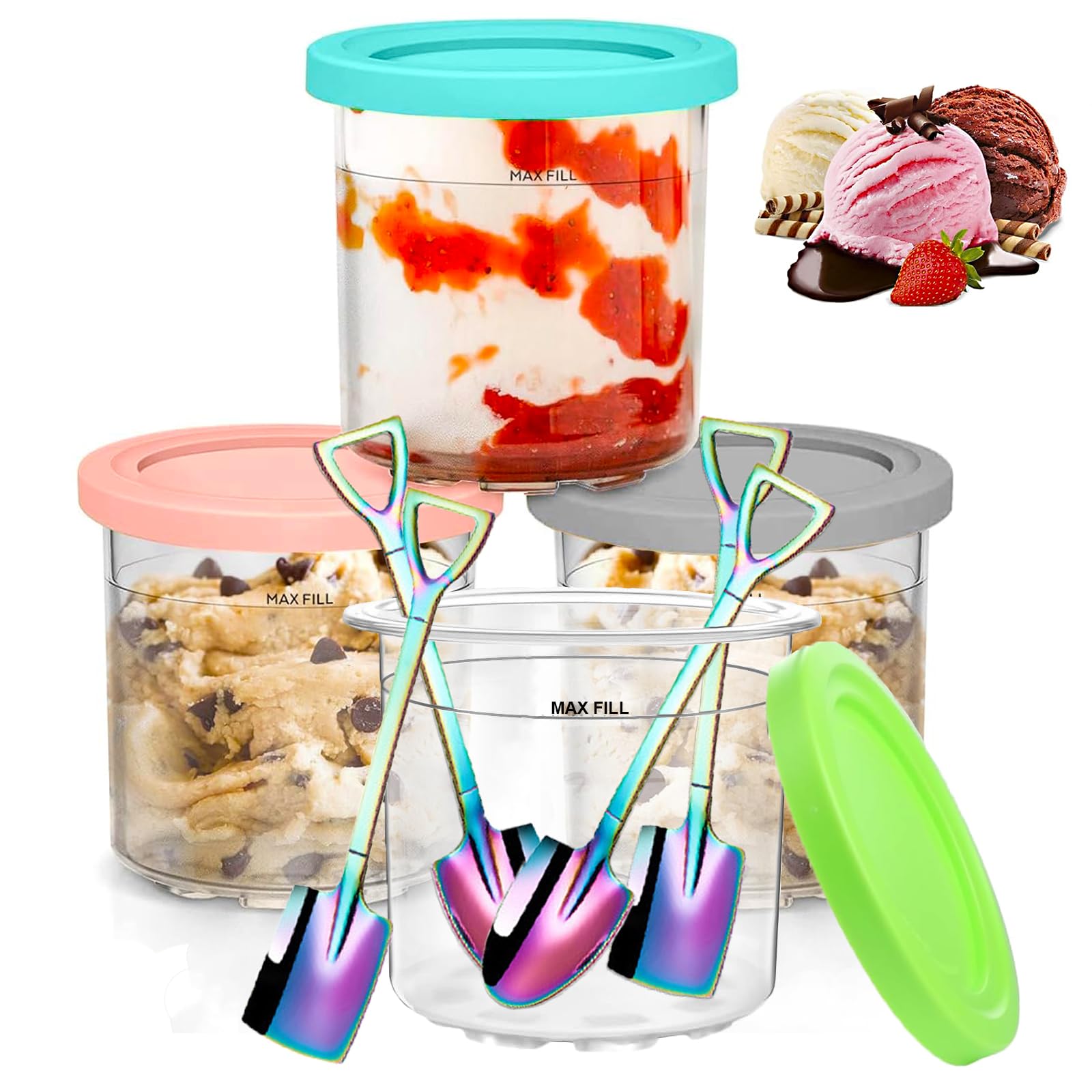 Lot 4 Pots Ninja Creami + Couvercles & Cuillères – Récipients Dessert Réutilisables Lave-Vaisselle