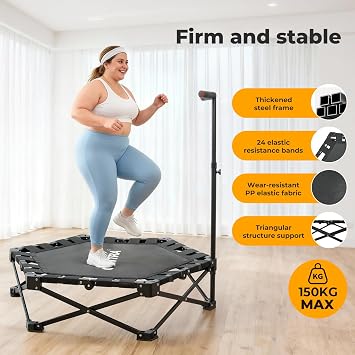 Centra Foldable Mini Trampoline for Adults - 150kg/330lbs Capacity, 4-Fold Ultra Quiet Rebounder with Adjustable Handle, Indoor Fitness Trampoline for Home Cardio Workout in Apartments