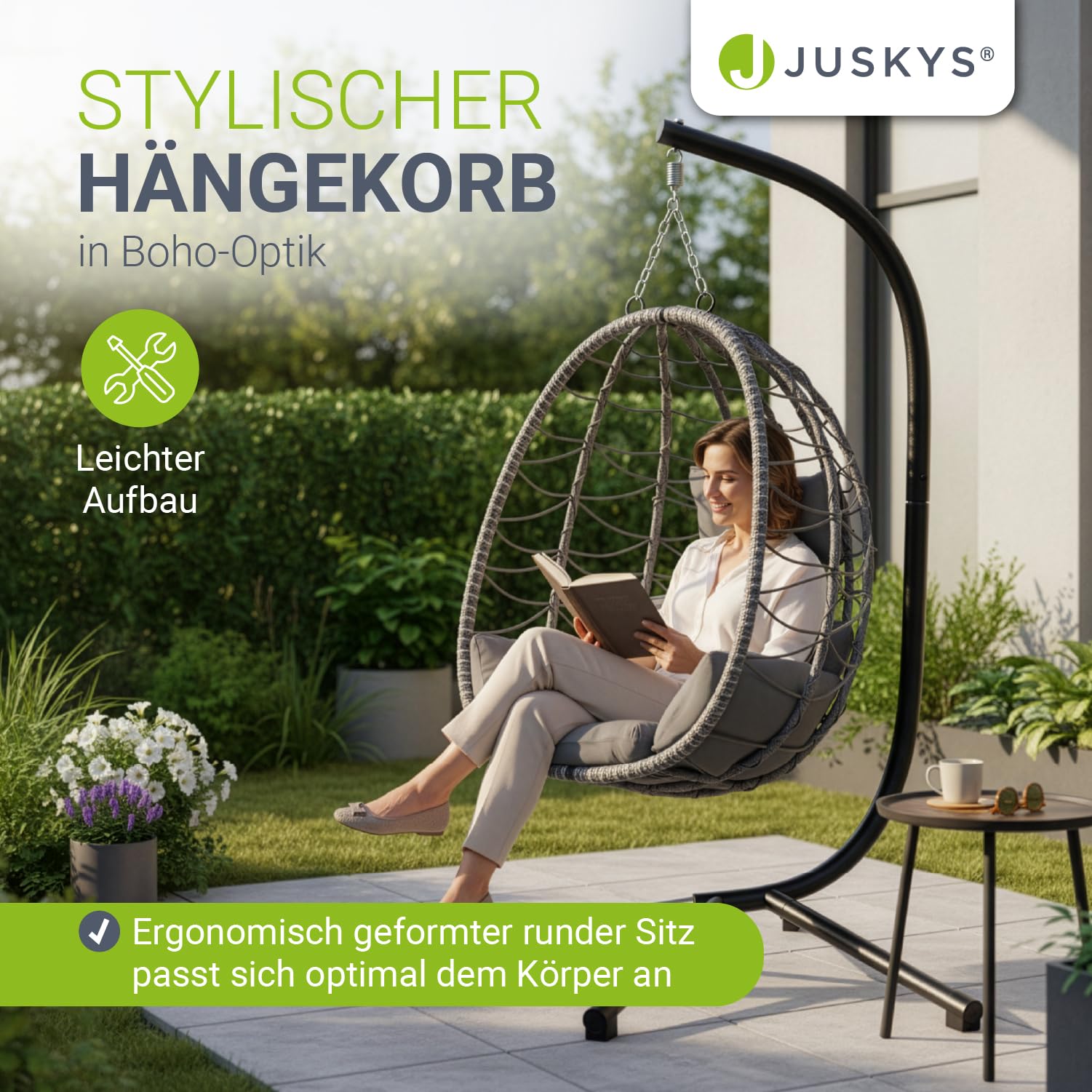Juskys® Hängesessel Aria mit Gestell höhenverstellbar, faltbar & ergonomisch - Outdoor & Indoor - bis 130 kg - Polyrattan Korbhängesessel inkl. Kissen - Grau