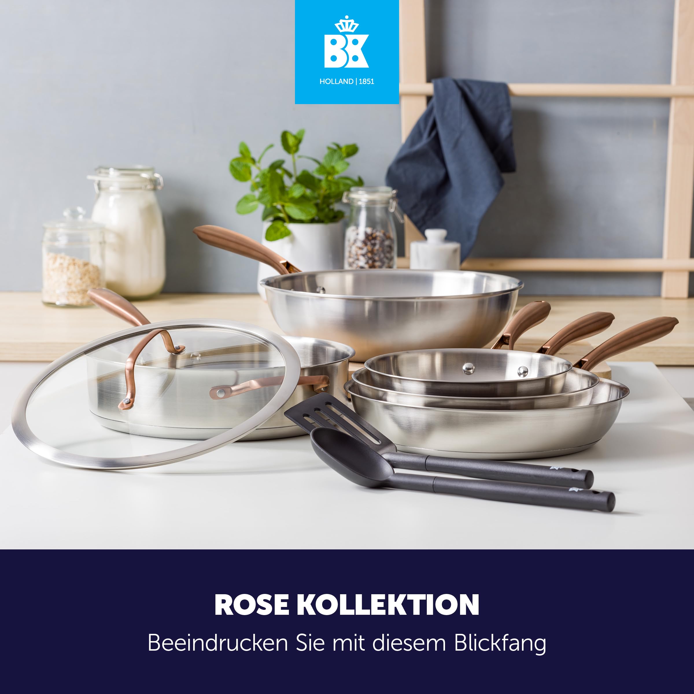 BK Rose Set di 3 Padelle in Acciaio Inox 18/10 Ø 20/24/28 cm, Senza Rivestimento, Compatibili Induzione, Lavabili in Lavastoviglie, Adatte al Forno, Argento