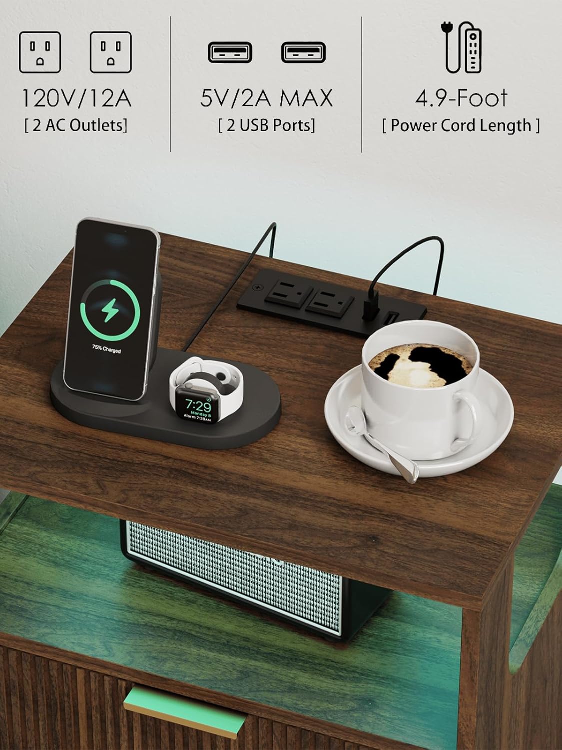 Nightstand with Charging Station and LED Lights, Modern Bedside Table with 2 Storage Drawer and Open Wood Shelf for Bedroom and Small Spaces, Night Stand with Solid Wood Legs - Image 6