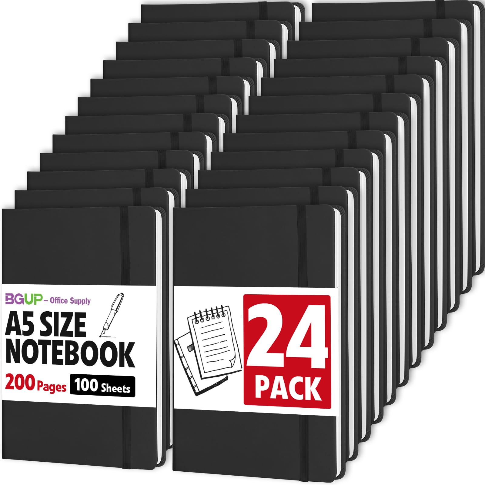 Confezione da 24 quaderni a righe per lavoro, 200 pagine, misura media, 14 x 21,1 cm, A5, a righe, con copertina rigida per scrivere, prendere appunti, adatto per lavoro, scuola e casa (nero)