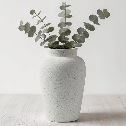 9.5 Inch Ceramic Flower Vase, Modern Farmhouse Rustic Home Decor, White | Decorative Table Vase For Living Room, Dining Table, Kitchen Counter, Shelf, Entryway, Office and Fresh Flowers