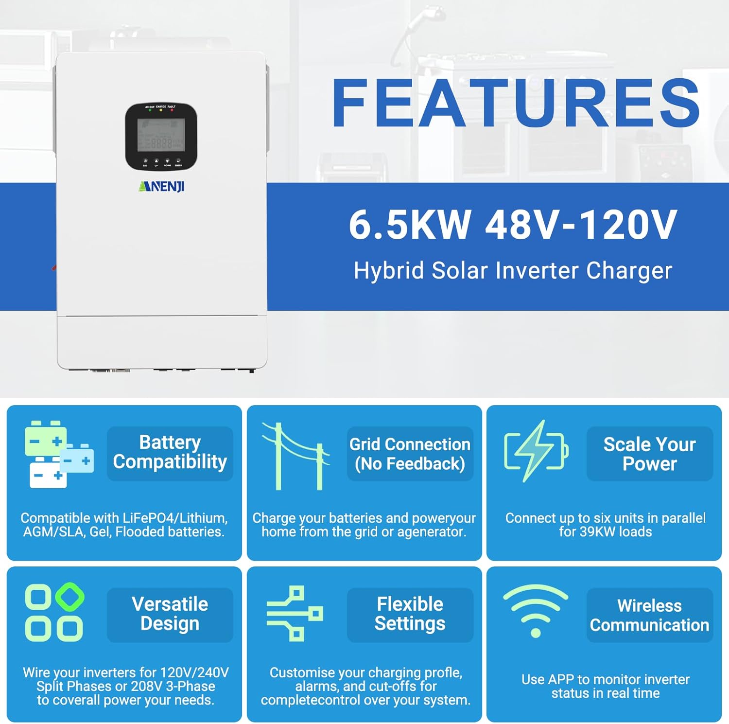 6500W Hybrid Solar Inverter 48V DC to 110V AC, Pure Sine Wave, Built-in 2 MPPT Controller, Max. 150A Battery Charging, Support Parallel 6 Units, Dustproof, for Home On/Off-Grid Systems