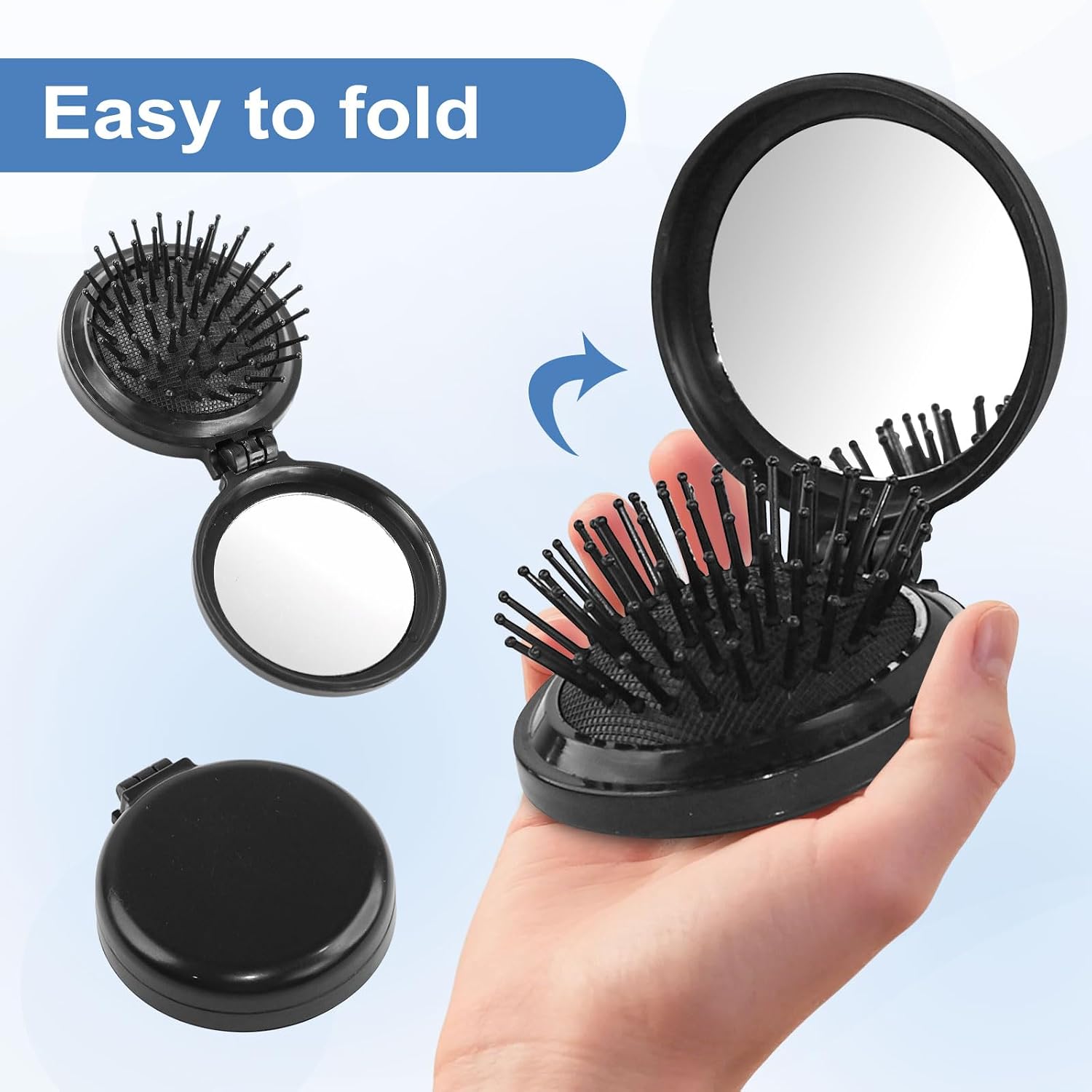 Foldable Travel Hair Brush with Mirror - 30 Pack Portable Round Pocket Comb, Compact Folding Design & Massage Bristles for Men Women (Black)