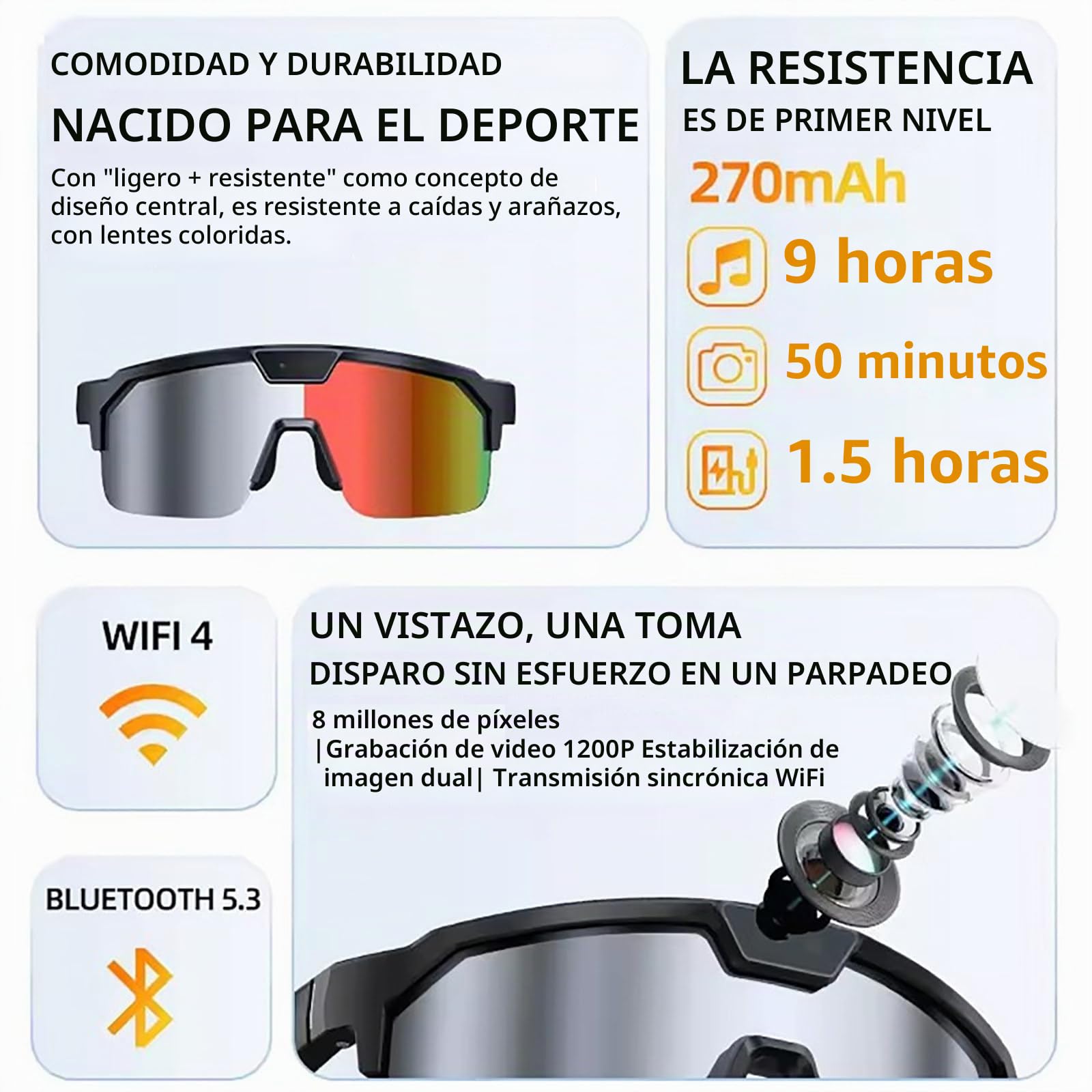 Gafas Inteligentes Con Ia, Cámara De 8 Mp, Lentes UV + Polarizadas, Bluetooth, Compatibles Con ChatGPT/Grabación/Traducción Sincrónica, Gafas Para Llamadas Durante Ciclismo Al Aire Libre Orange