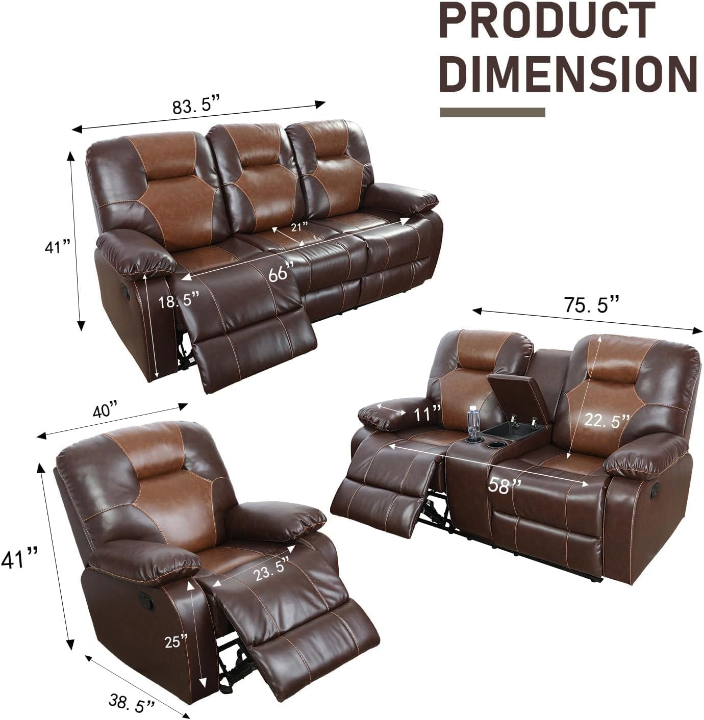 Manual Reclining Living Room Furniture, Bonded Leather Sofa w/Drop-Down Console, Loveseat w/Storage Console, Chair for Living Room/House/Bedroom/Office/Apartment (Brown, 3 Pieces)