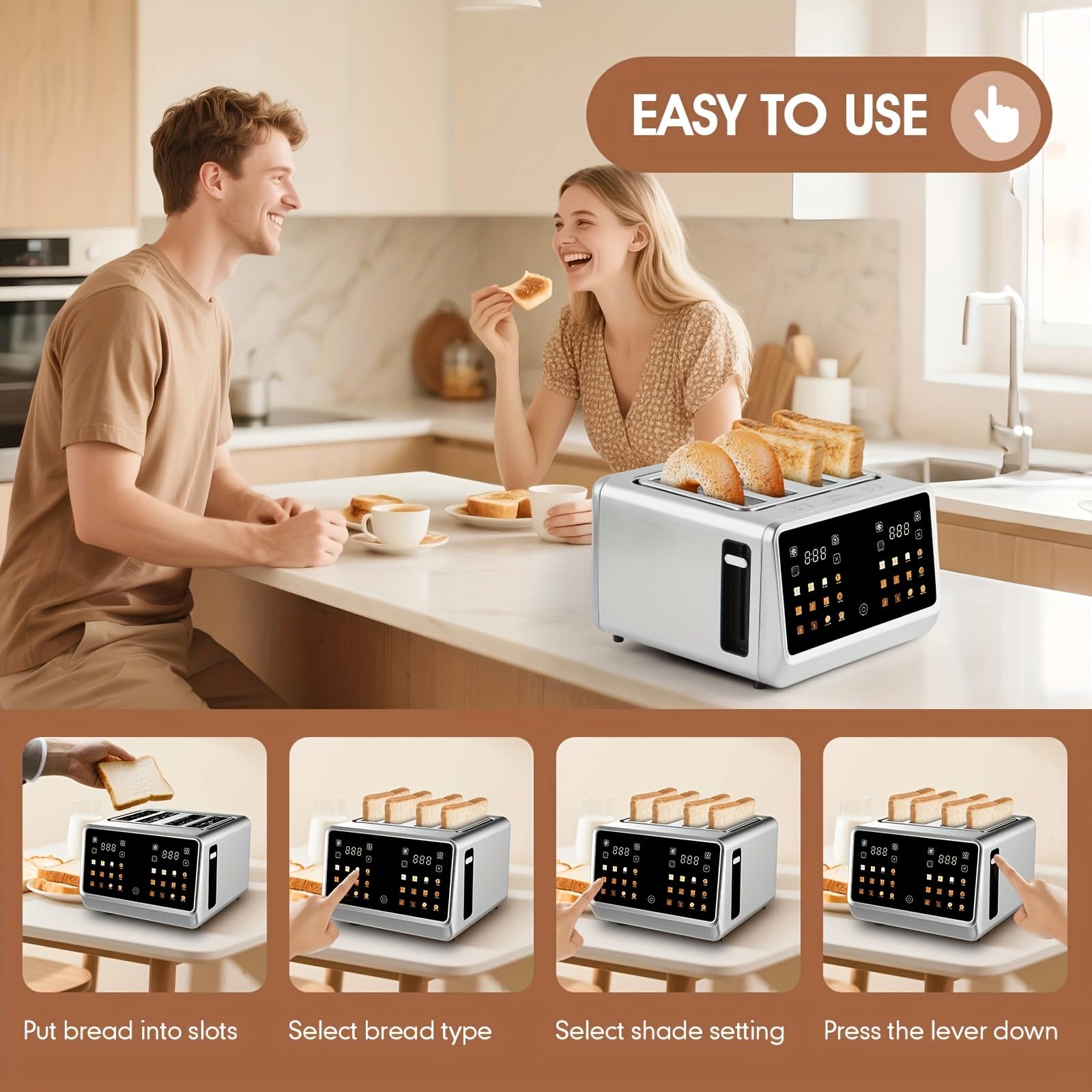 Toster 4 Slice, Digital Smart Toster with TouchScreen, Dual Control Panel, Single Slot Toasting, timer, Reheat & Defrost for Bagels, Bread, Waffles, Kitchen Essentials