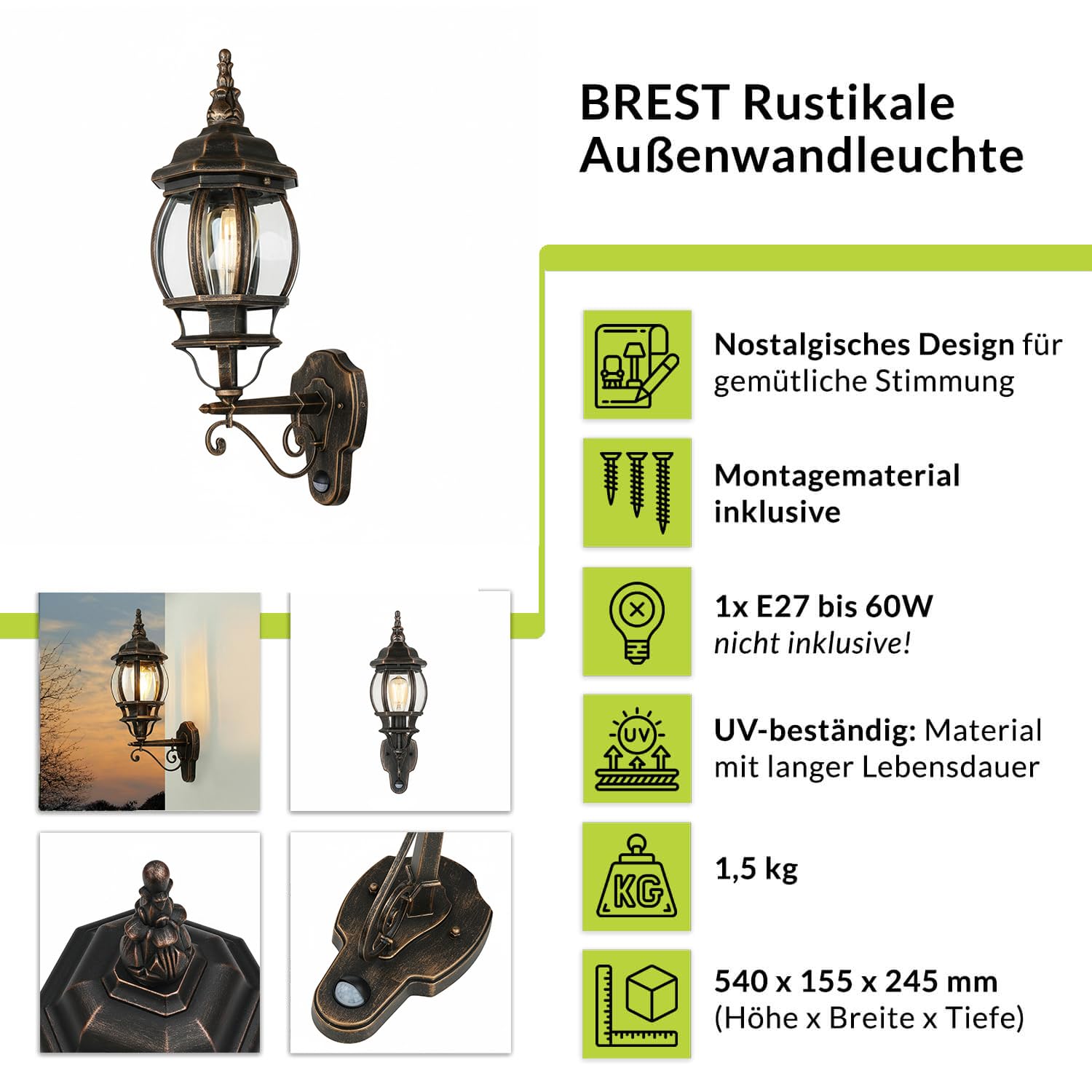 Licht-Erlebnisse Außenlaterne Wand mit Bewegungsmelder H: 54 cm IP23 in Kupfer Antik E27 Rustikal Glas Aluminium Wandleuchte außen Laterne Terrassenlampe
