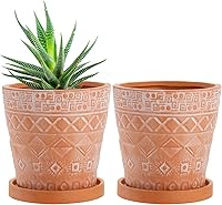 Cedilis 2 Pack 5 Inch Terracotta Pots with Drainage & Saucers - Red Clay Succulent Planters with White Geometric Designs