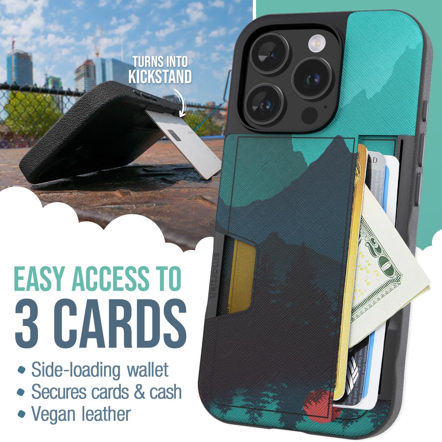 Smartish® iPhone 16 Pro Wallet Case - Wallet Slayer Vol. 2 [Slim + Protective] Credit Card Holder w/Kickstand - Drop Tested Hidden Card Slot Cover Compatible w/Apple iPhone 16 Pro - Moving Mountains - Image 2