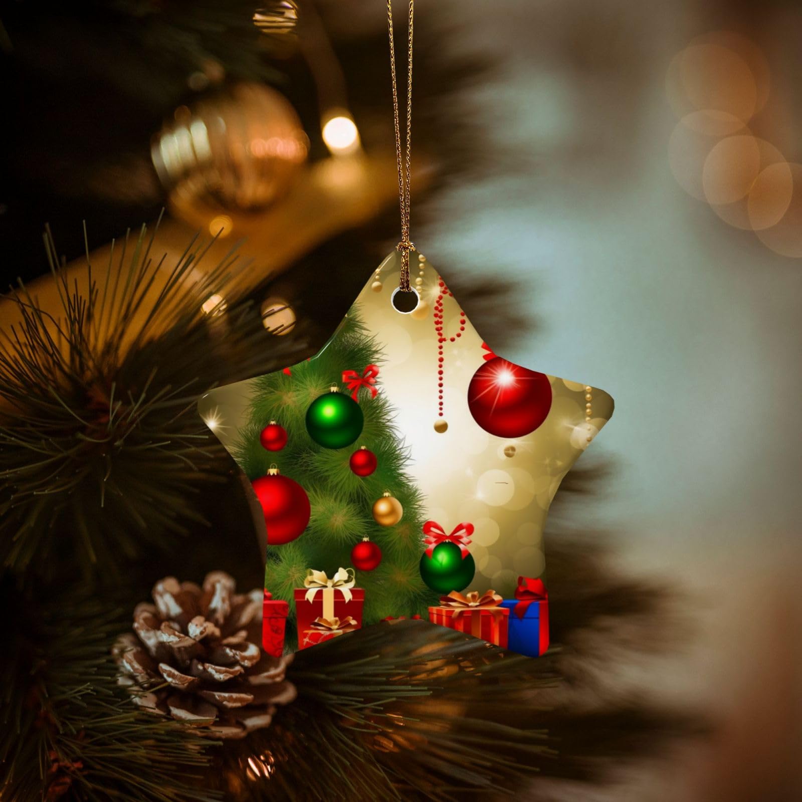 Christmas Ornaments for Christmas Tree Decoration Hanging Merry Christmas Ornament with Gold Ribbon Crafts Star Shape Ceramic Pendant for Keepsake Gifts Xmas Decor Party Supplies