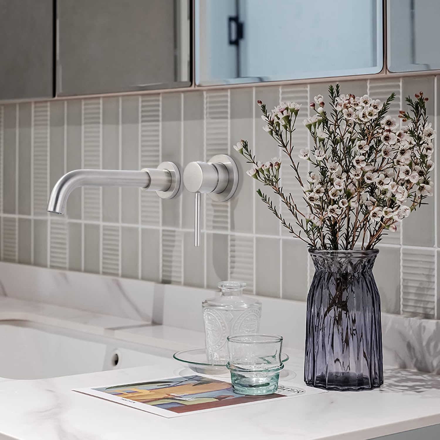 Brushed Nickel Wall Mount Bathroom Faucet and Bathroom Sink Drain