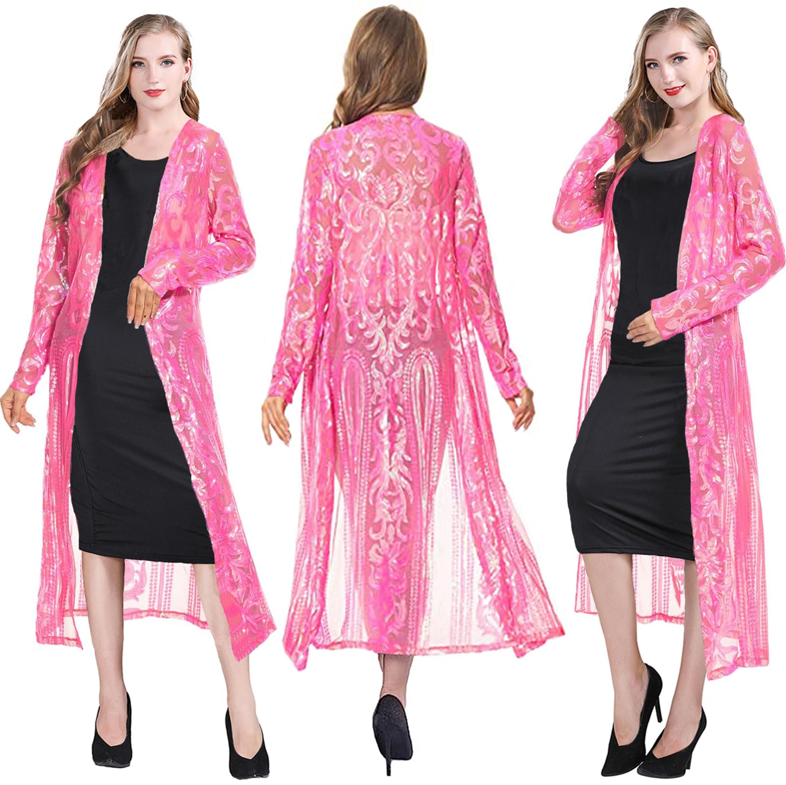 RZTA Women's Sparkling Sequin 1920s Cover Up Loose Open Front Long Sleeve Cardigan Coat Dress for Evening Party