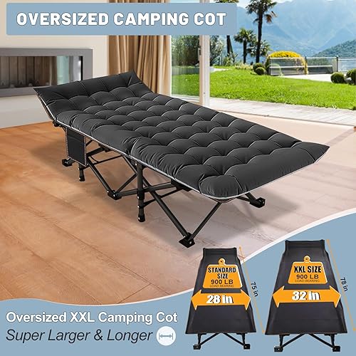 Miniatura 7 de Slsy Catre de camping plegable XXL de gran tamaño para adultos con almohadilla, catres de dormir portátiles acolchados, cama de campamento con bolsa