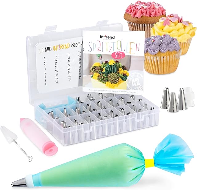 Int!rend Piping Bags and Nozzles Set - Consists of 42 Professional Icing Piping Nozzle, 2 Silicone Bags, 10 Piping Bags, Cleaning Brush, Nozzle Adapter