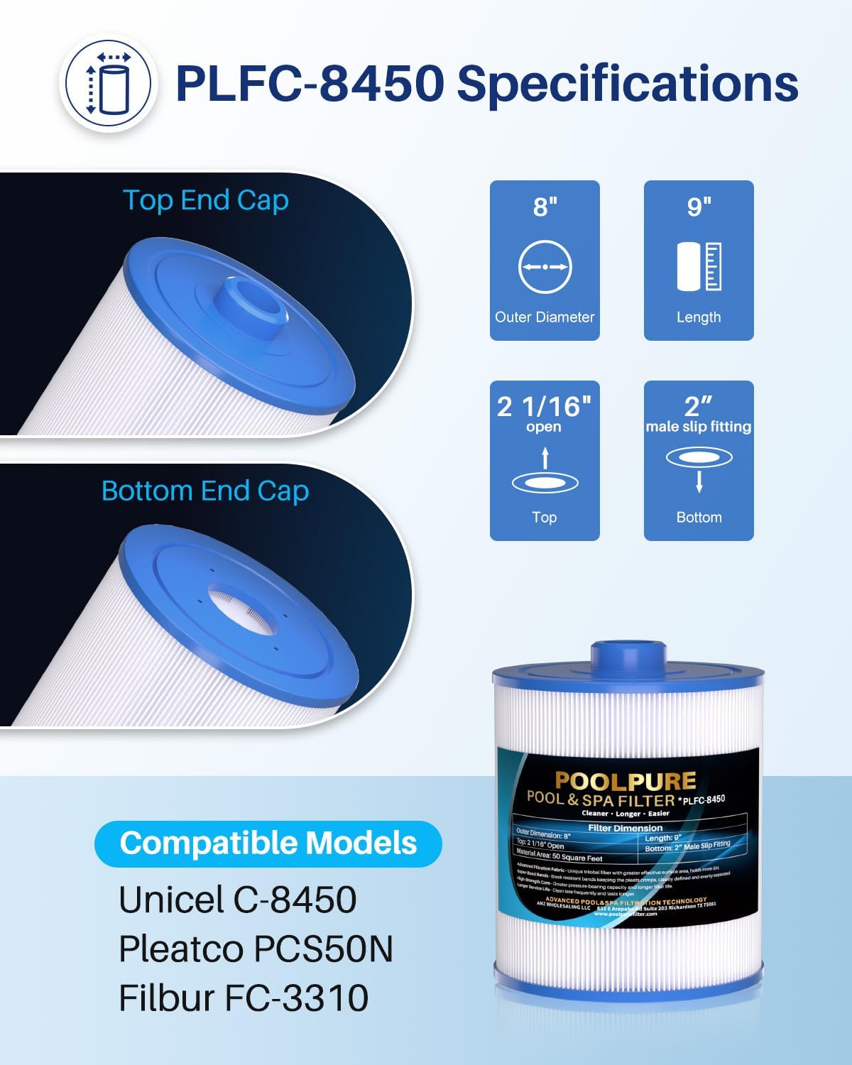 POOLPURE C-8450 Hot Tub Filter Compatible with Unicel C-8450, FC-3310, PCS50N, 100593, 3301-2261, Maax Spas, 50 Sq. Ft Spa Filter Cartridge, 1 Pack