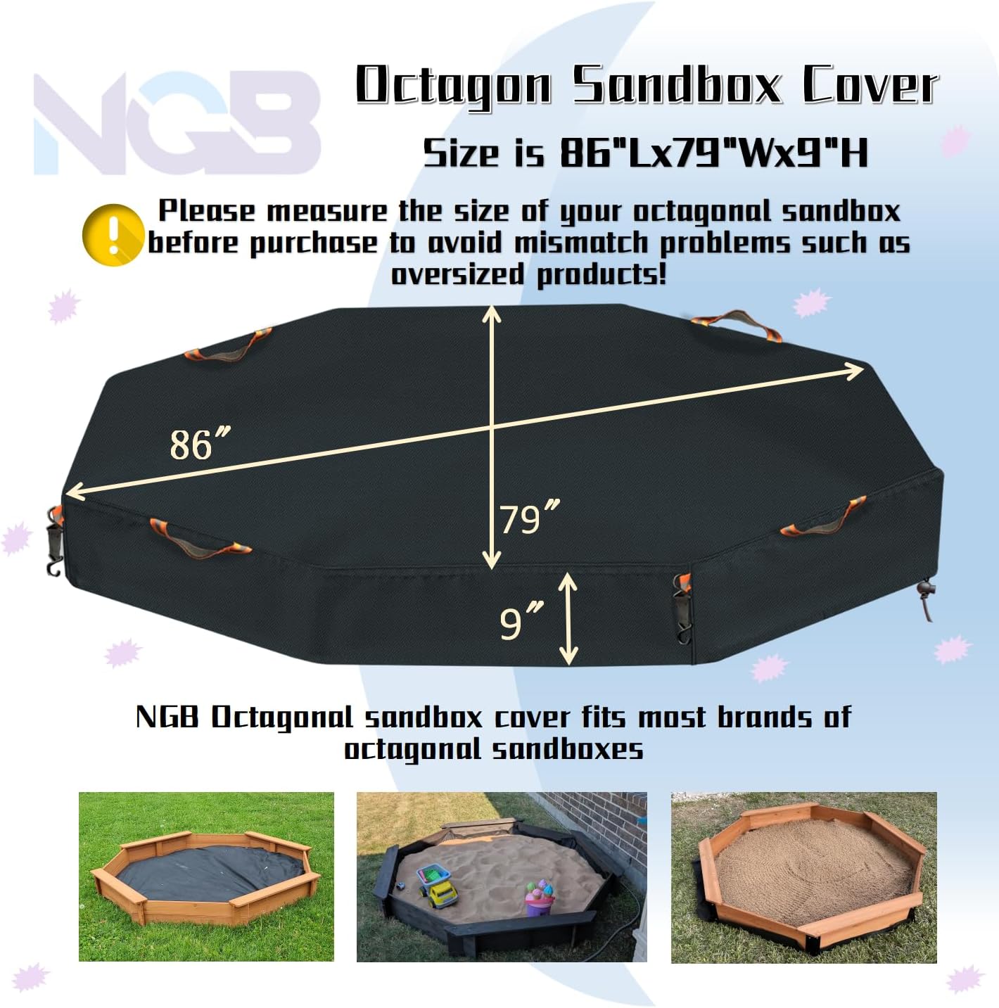 Octagonal Sandbox Cover, Windproof and Dustproof with Adjustable Hook and Loop for Stabilization, 420D Waterproof Oxford Fabric, Protect Outdoor Garden Kids Sandbox Sand and Toys (Black, 84"X78"X9"