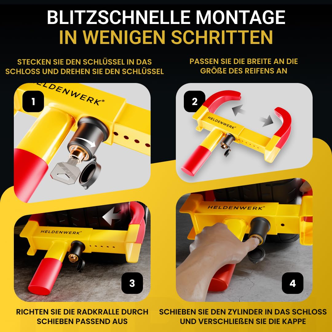 HELDENWERK® Parkkralle Radkralle mit Hochsicherheitsschloss & 3 Schlüsseln - für Anhänger, Wohnmobil, Wohnwagen, Auto - PKW Reifenkralle, Autokralle, Rad-Kralle für 18-30cm Reifenbreite (Gelb/Rot)