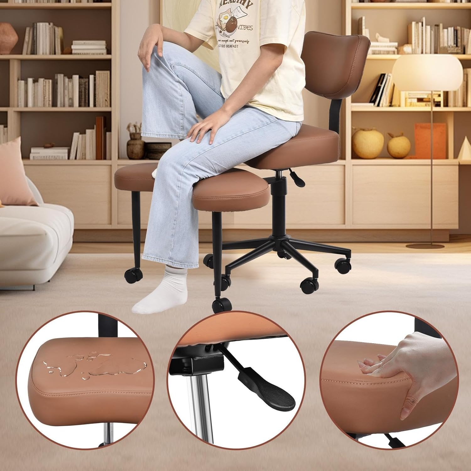 Cross Legged Office Chair with Footstool Adjustable Seat 18.5-23.2" & Backrest 90-120° High Density Foam 360° Swivel for Meditation Brown