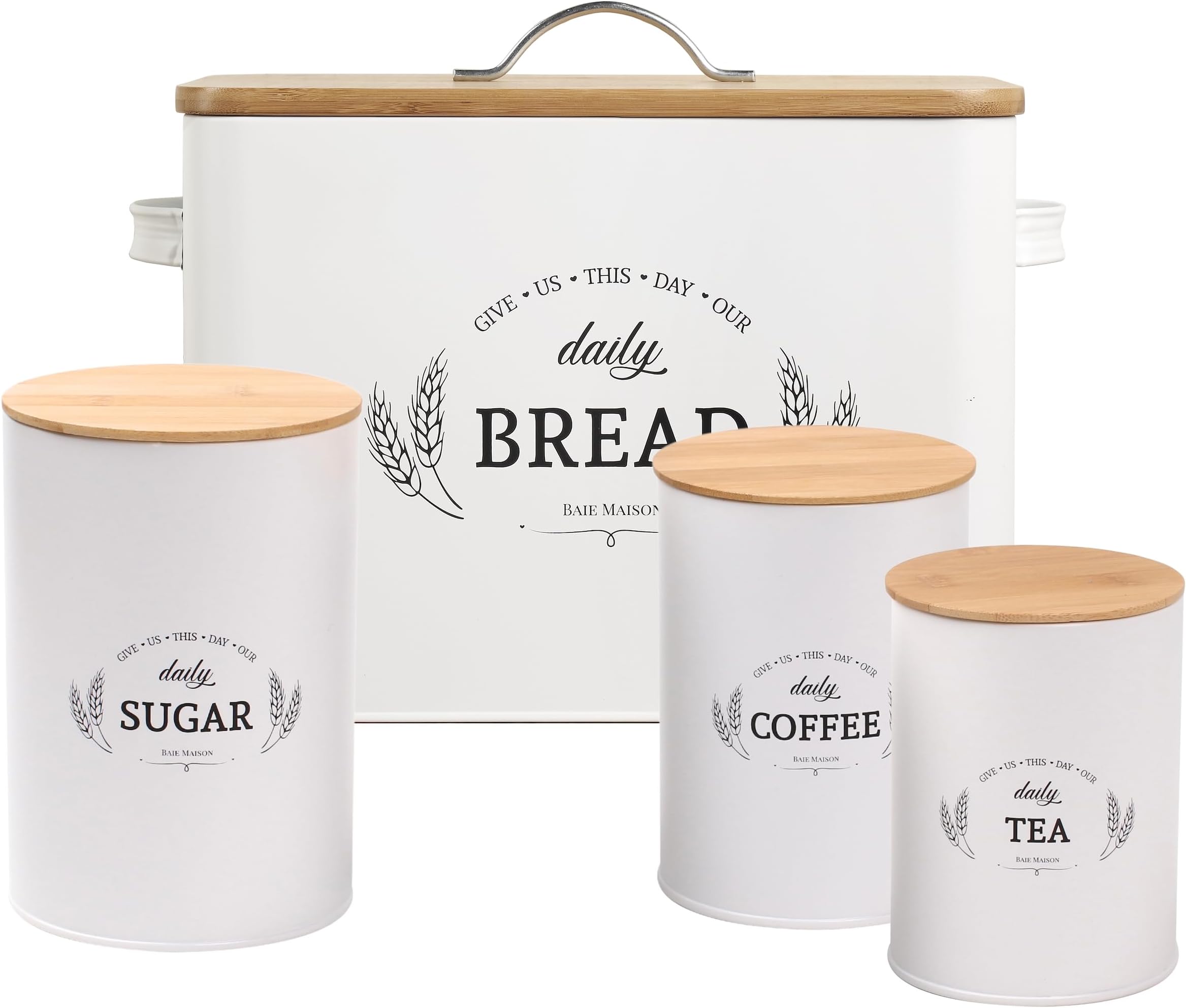 Baie Maison Extra Large White Farmhouse Bread Box for Kitchen Countertop - Bread Storage with Matching Large Kitchen Canisters Set of 3 - Coffee Tea Sugar Container Set (Bread Box & Canisters)