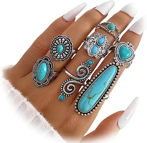 Juego de 7 anillos apilables de plata para mujer, anillos vintage de plata antigua para mujer, juego de anillos bohemios de imitación turquesa de