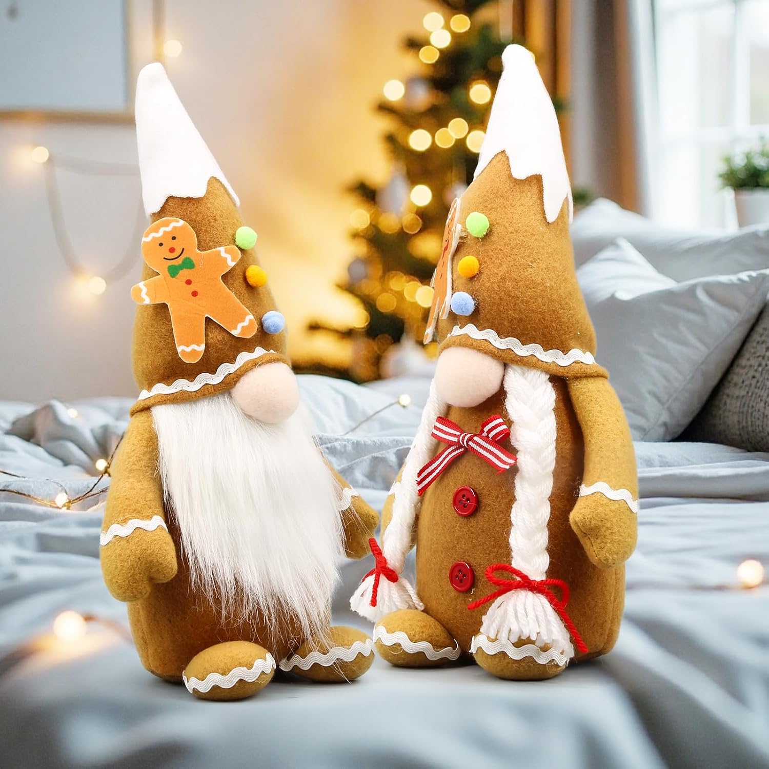 Lovinland Christmas Gingerbread Man Gnomes Plush Couple - Xmas Gnomes Elf Tomte Ornaments Doll Set - Christmas Decorations - Xmas Decorations for Home Indoor - Gingerbread Man
