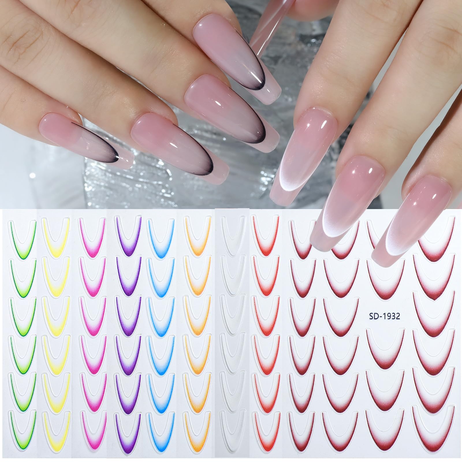 WEILUSI 9 Colors French Manicure Nail Art Stickers, 3D Gradient French Tip Stickers Self-Adhesive Nail Decals for DIY Nail Art Decoration 9 Sheets