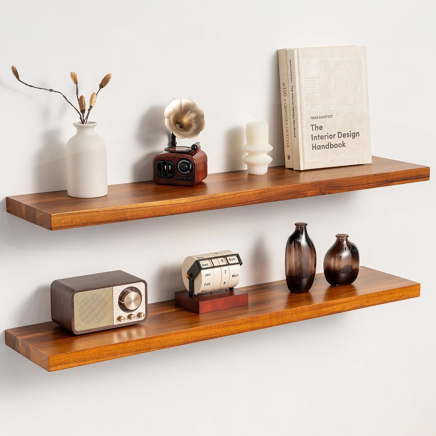 36 Inch Teak Floating Shelves, Set of 2 | Weather Resistant, Heavy Duty Hidden Brackets, Natural Wood Grain, Wall Storage For Bathroom, Kitchen, Living Room & Outdoor