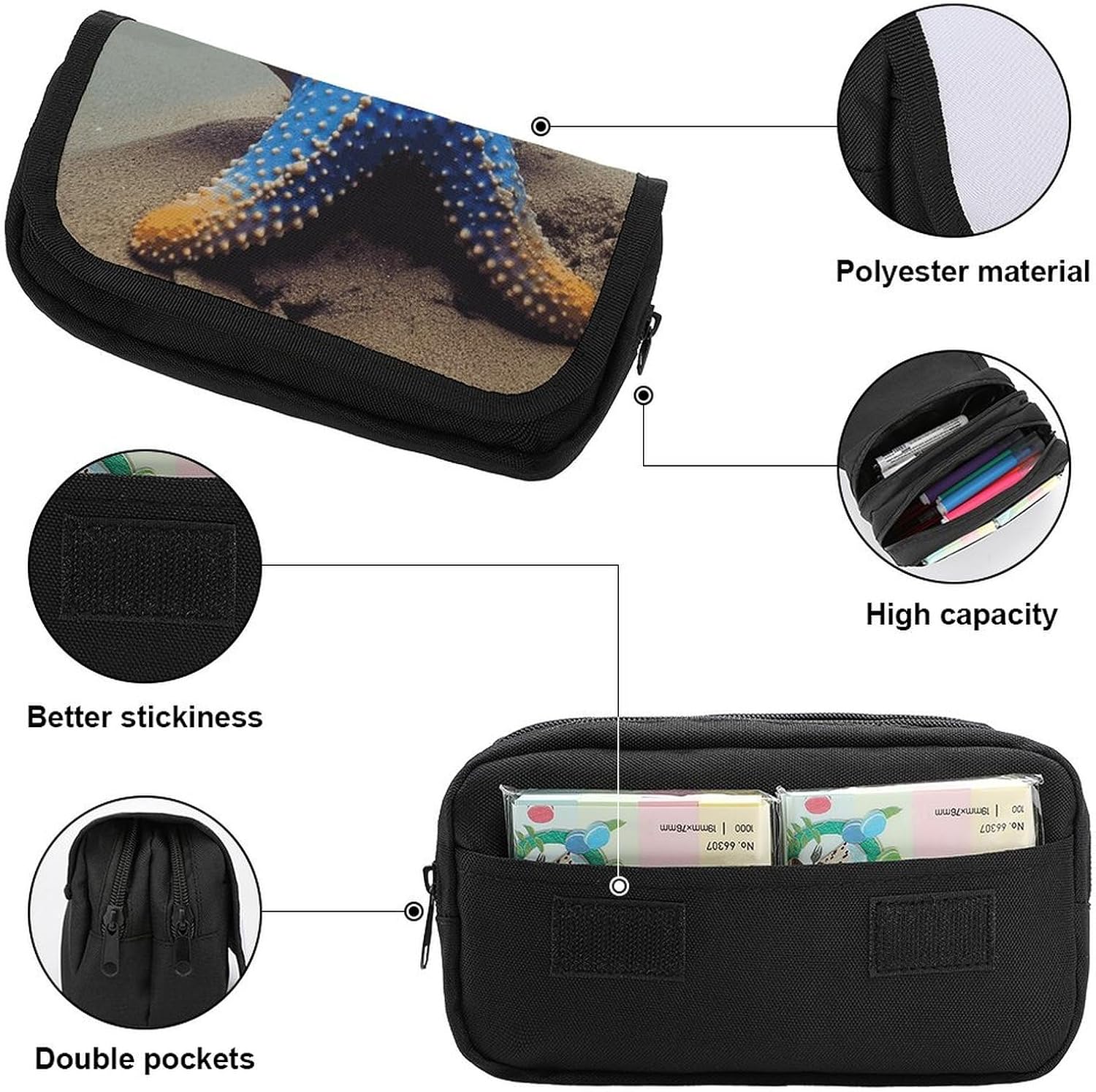 Pencil Pouch Blue Sea Star Pencil Case for Men Women Cosmetic Bag Aesthetic Pen Bag for Office Multifunctional Bags Marker Pen Case