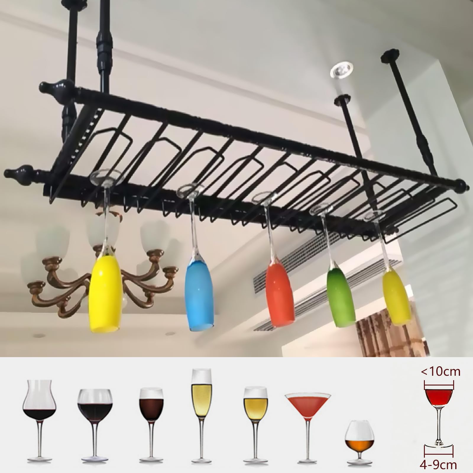 Suspendu Casiers à Bouteille et Porte-Verres Hauteur RéGlable, Porte Bouteilles en Métal, Montage au Plafond Paniers à Vin pour Famille Cuisine/Restaurant Hôtel/Bar (BK, 120x30x(30-60) cm)