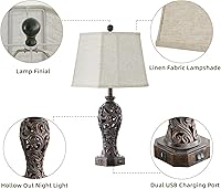 Vista 5 de Juego de 2 lámparas de mesa estilo granja para sala de estar, lámpara rústica vintage para mesita de noche con 2 puertos USB, lámparas de resina