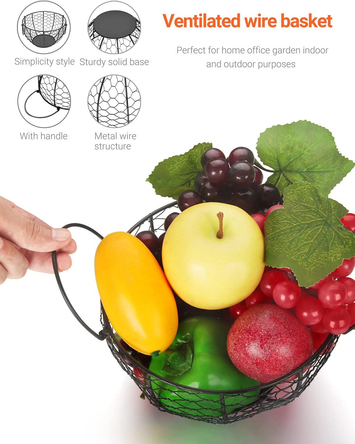 Round Wire Basket Black Fruit Basket Bowl Fruit Holder for Kitchen with Handle Black Home Storage for Vegetables, Snacks, Household Items Decor - Image 3