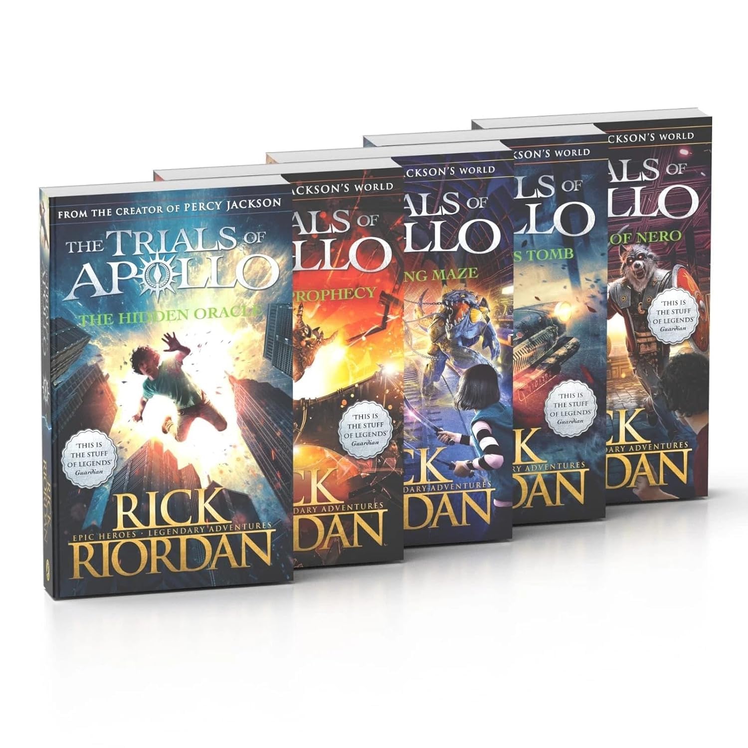 The Trials of Apollo 5 Book Paperback Box Set: The Hidden Oracle, The Dark Prophecy, The Burning Maze, The Tyrant’s Tomb & The Tower of Nero by Rick Riordan      Paperback – August 19, 2025